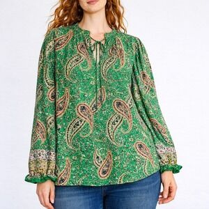 Rachel Zoe Green Paisley Lurex Metallic Ruffle Blouse Top XL New 1257186